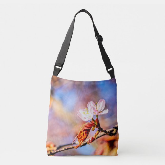 Two Amazing Sakura Flowers. Pink, Blue Background Crossbody Bag (Front)
