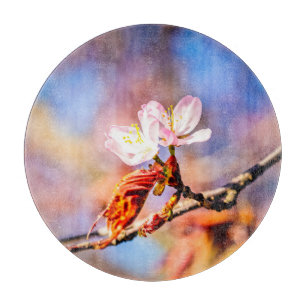 Two Amazing Sakura Flowers. Pink, Blue Background Cutting Board