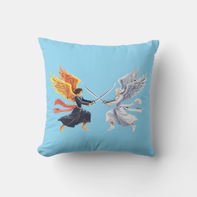 Two Angel with large sword with open wings Throw Pillow (Front)
