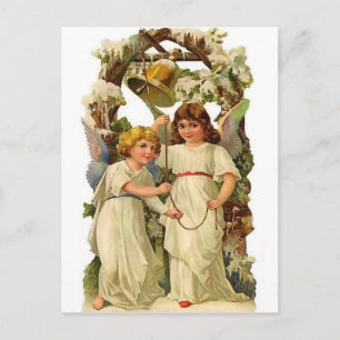 Two angels ringing a bell, vintage holiday postcard