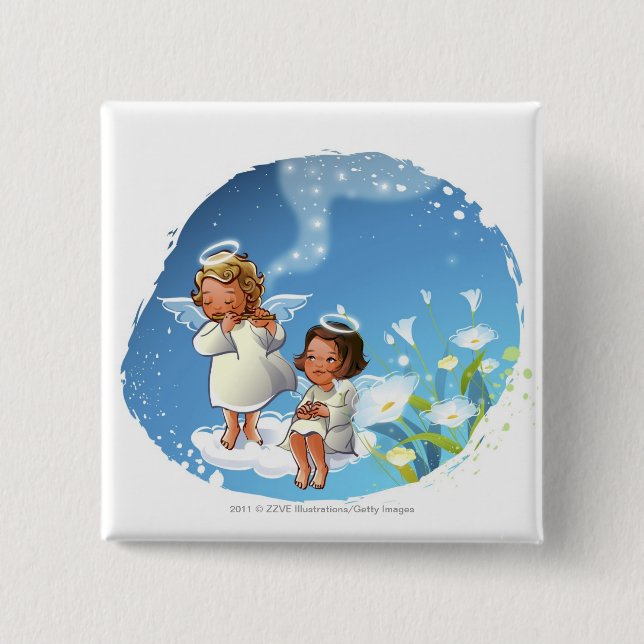 Two angels sitting on the clouds 2 inch square button (Front)