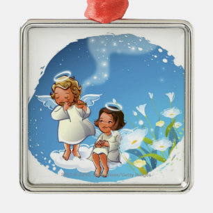 Two angels sitting on the clouds metal ornament