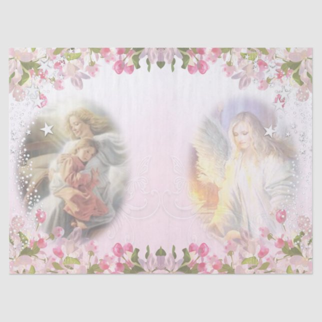 Two Angels with Flower Border on Pink Decoupage Tissue Paper (Front)
