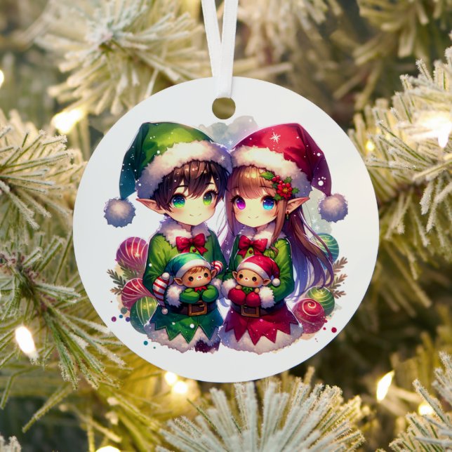 Two Anime Elves | Cute Christmas Metal Ornament (Insitu)
