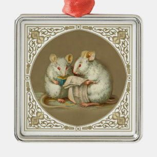 Two Anthropomorphic Mice Reading Metal Ornament