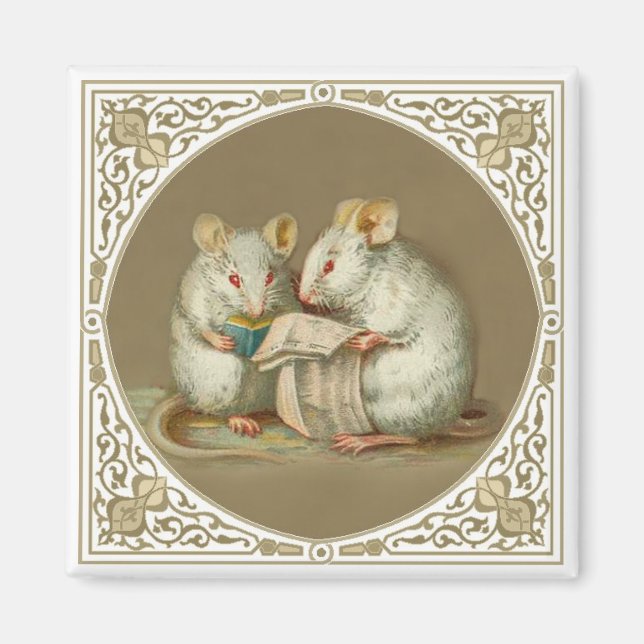 Two Anthropomorphic White Mice Reading Paper Magnet (Front)