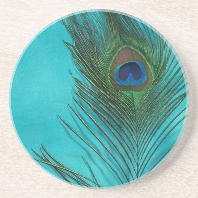 Two Aqua Peacock Feathers Coaster (Front)