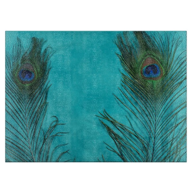 Two Aqua Peacock Feathers Cutting Board (Front)