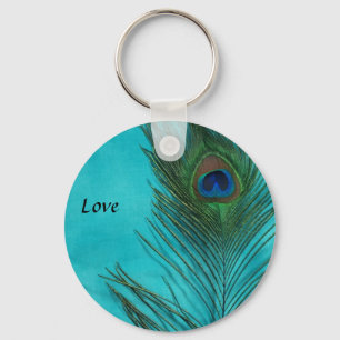 Two Aqua Peacock Feathers Keychain