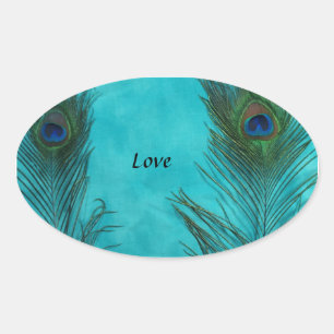 Two Aqua Peacock Feathers Oval Sticker