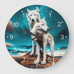 Two Arctic Wolves Large Clock