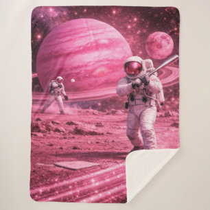 Two Astronauts Playing Baseball on Pink Planet Sherpa Blanket