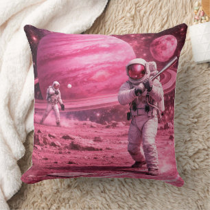 Two Astronauts Playing Baseball on Pink Planet Throw Pillow