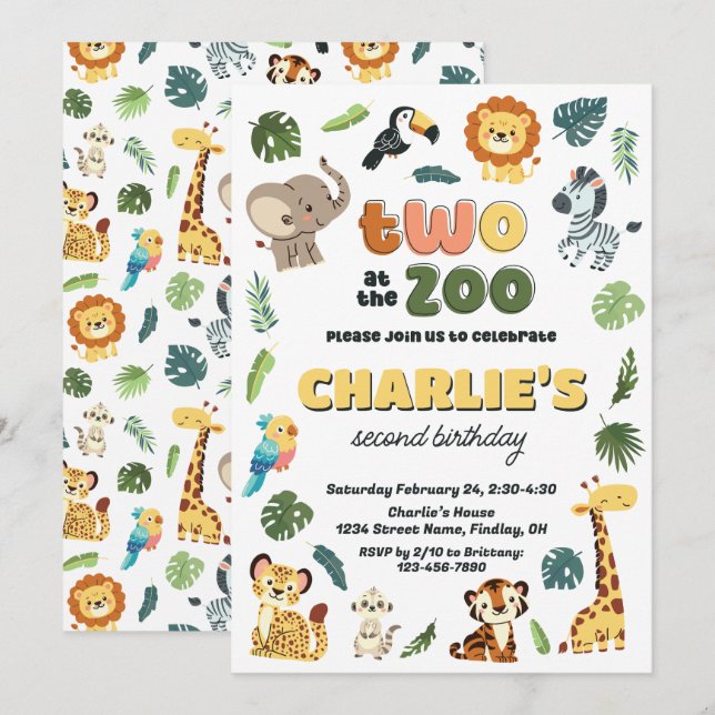 Two at the Zoo Animal Safari Birthday Party Invitation (Front/Back)