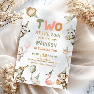 Two At The Zoo Safari 1st Birthday Invitation