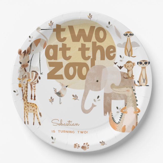 Two at the zoo safari animals kids birthday  paper plate (Front)