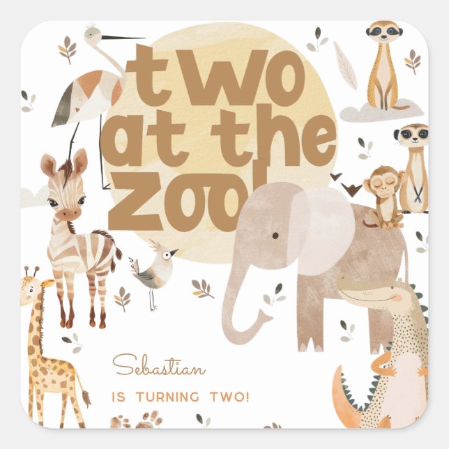 Two at the zoo safari animals kids birthday  square sticker (Front)