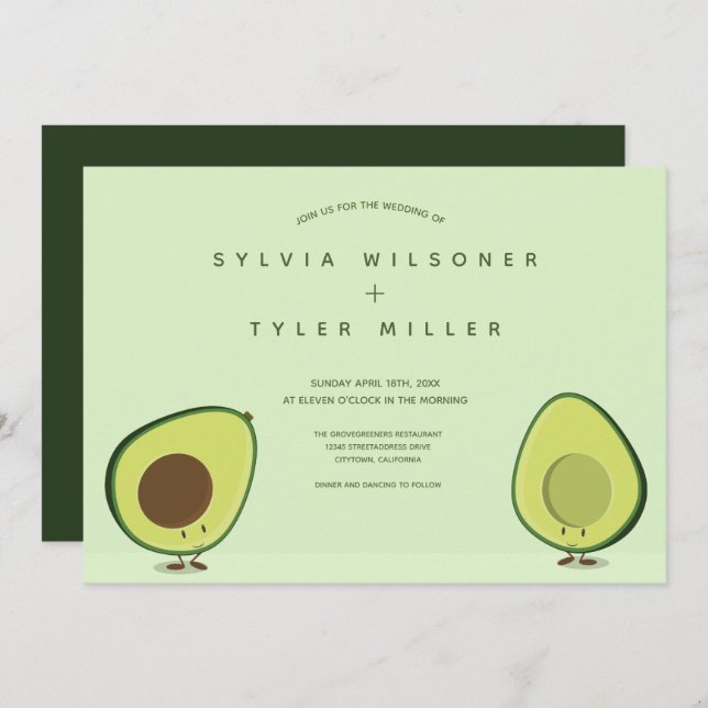 Two Avocado Halves Green Illustration Wedding Invitation (Front/Back)