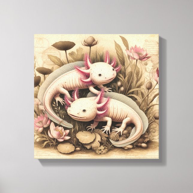 Two Axolotls with Vintage Botanical Touch Canvas Print (Front)