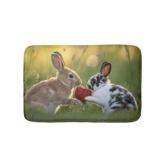 Two Baby Rabbits Sharing a Large Ripe Strawberry Bath Mat (Front)