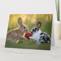 Two Baby Rabbits Sharing a Large Ripe Strawberry
