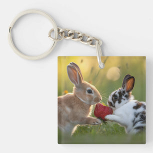 Two Baby Rabbits Sharing a Large Ripe Strawberry Keychain