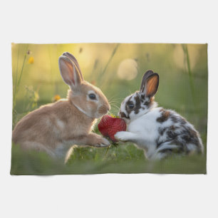 Two Baby Rabbits Sharing a Large Ripe Strawberry Kitchen Towel