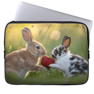 Two Baby Rabbits Sharing a Large Ripe Strawberry Laptop Sleeve