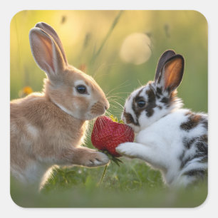 Two Baby Rabbits Sharing a Large Ripe Strawberry Square Sticker