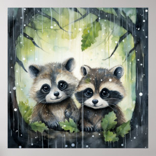 Two Baby Raccoons in the Rain Poster