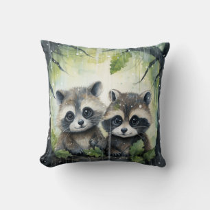 Two Baby Raccoons in the Rain Throw Pillow