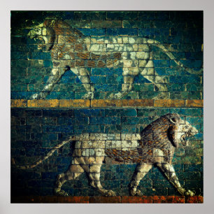 TWO BABYLONIAN LIONS Antique Assyrian Art Poster