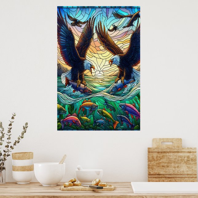 Two Bald Eagles Catching Fish Over a Vibrant River Poster (Kitchen)