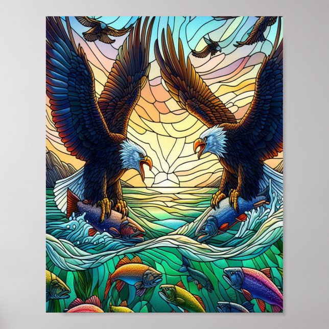 Two Bald Eagles Catching Fish Over water 8x10 Poster (Front)