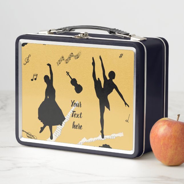 Two Ballet Dancers and Music on Golden Beige Colou Metal Lunch Box (In Situ)