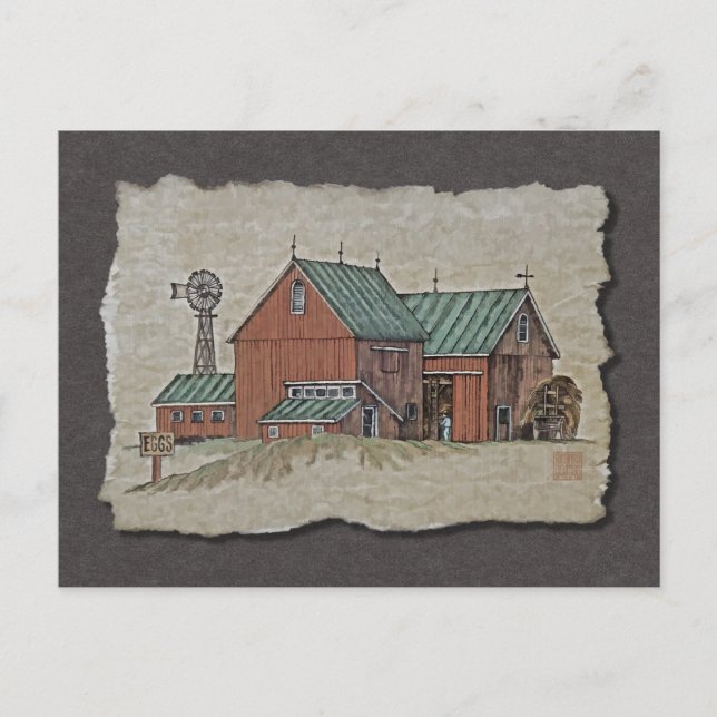 Two Barns & Hay Wagon Postcard (Front)
