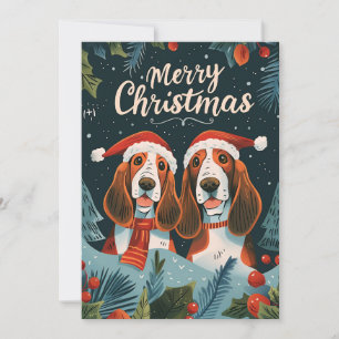 Two Basset Hound Merry Christmas  Holiday Card