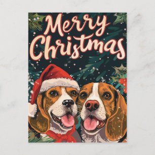 Two Beagle Merry Christmas  Holiday Postcard