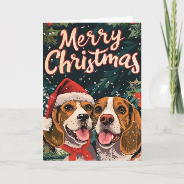 Two Beagle Merry Christmas Personalized Holiday Card (Front)