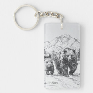 Two bears, mother and baby, hiking along beautiful keychain
