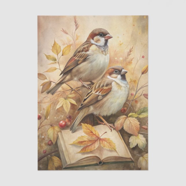 Two Beautiful Birds with Open Book & Autumn Leaves Tissue Paper (Front)