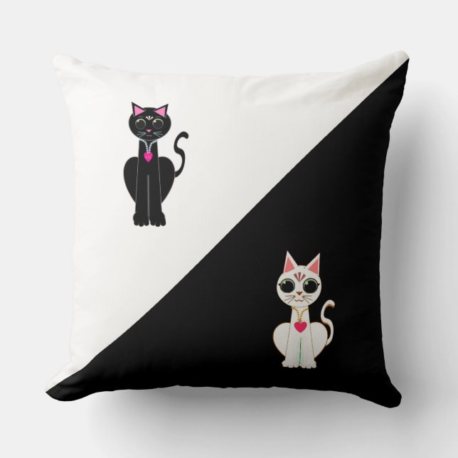 Two Beautiful Cats on Black & White Throw Pillow (Front)