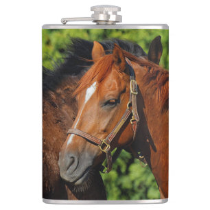 Two Beautiful Chestnut Horses in the Sun Hip Flask