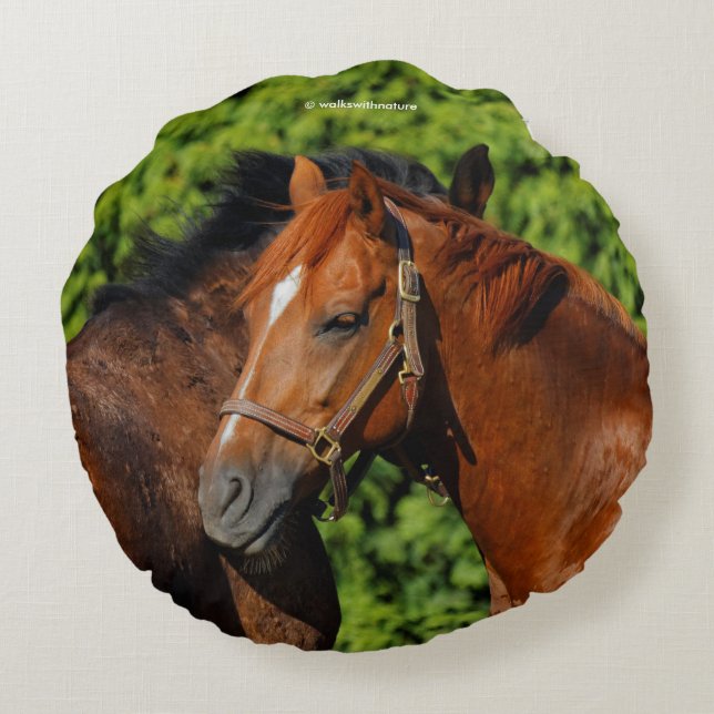 Two Beautiful Chestnut Horses in the Sun Round Pillow (Back)