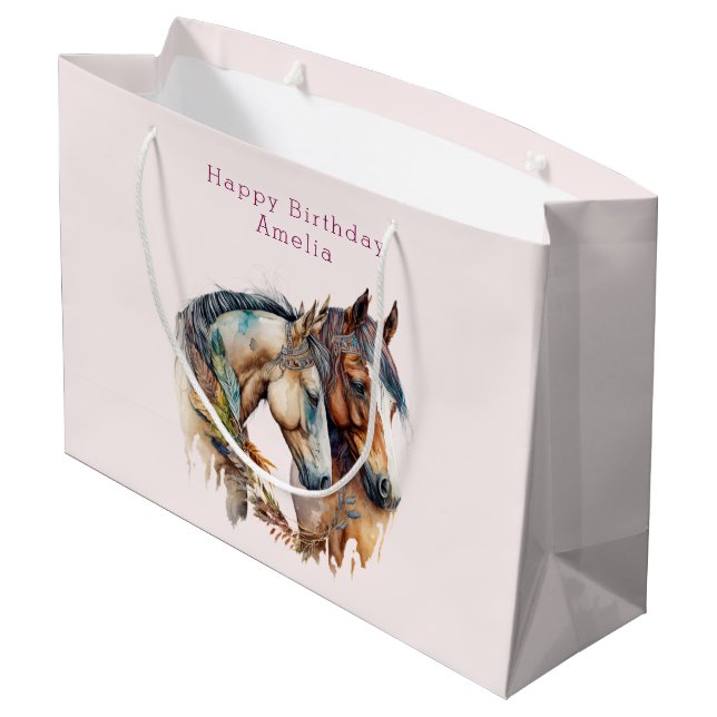Two Beautiful Horses Western Boho Birthday Large Gift Bag (Back Angled)
