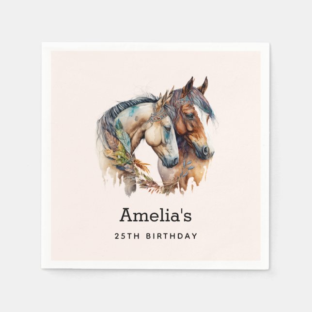 Two Beautiful Horses Western Boho Birthday Napkin (Front)
