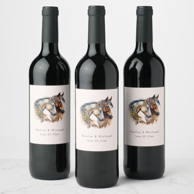 Two Beautiful Horses Western Boho Wedding Wine Label (Bottles)