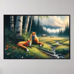 Two Beautiful Red Foxes Resting  Poster