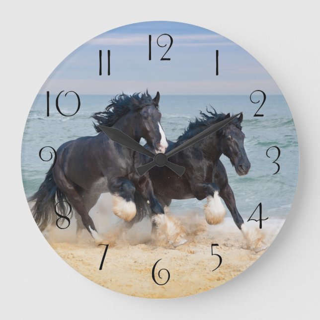 Two Beautiful Shire Horses Running Along The Beach Large Clock (Front)