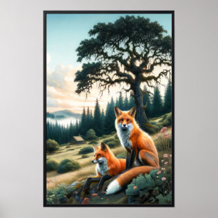 Two Beautiful Watercolor Red Foxes Resting Poster